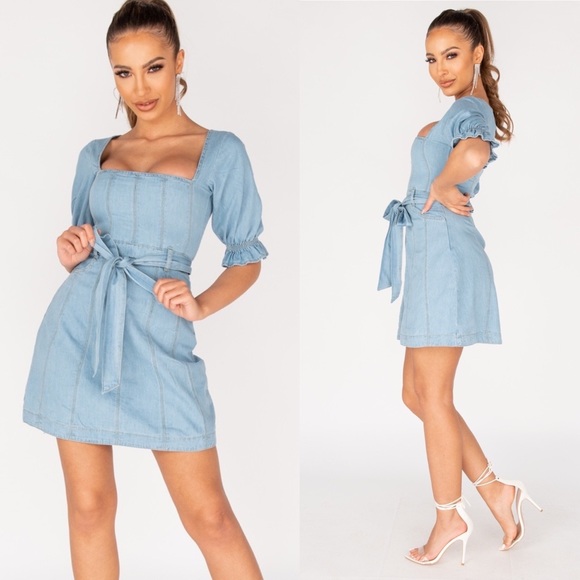 Paris&Pearle Dresses & Skirts - Lunch Date Light Wash Belted Denim Jean Dress